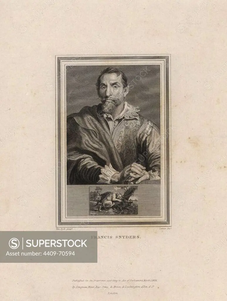 Portrait of Francis Snyders (1579-1657), Flemish painter of animals, landscape, fruit and still life.. Portrait by Van Dyck, steel engraving by John Corner, from "Portraits of Celebrated Painters with Medallions from their Best Performances" 1825.