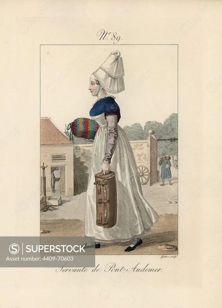 Servant of Pont-Audemer. Her bonnet is similar to that of Pont l'Eveque, but the back is folded, perhaps a personal twist of the wearer. The artist has drawn the maid at his inn, a smart girl with a good figure. The town name should be written Pont-Eau-de-Mer. Hand-colored fashion plate illustration by Lante engraved by Gatine from Louis-Marie Lante's "Costumes des femmes du Pays de Caux," 1827/1885. With their tall Alsation lace hats, the women of Caux and Normandy were famous for the elegance and style.