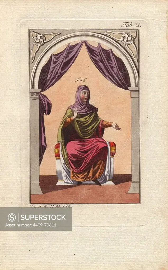"Anglo Saxon woman depicted in her grand finery." Purple veil, green mantle, crimson tunic.. Handcolored copperplate engraving from Robert von Spalart's "Historical Picture of the Costumes of the Principal People of Antiquity and of the Middle Ages" (1796).