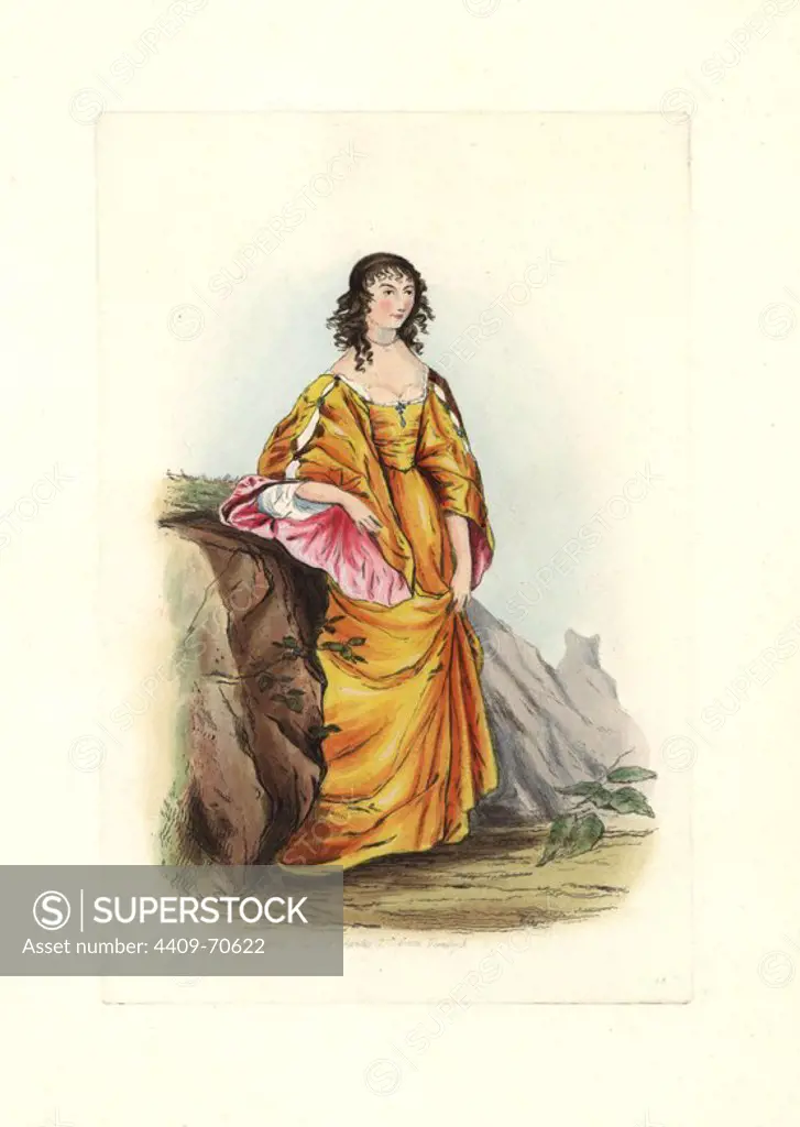 Anne Stanhope, Countess of Chesterfield (d. 1663), from a painting by Van Dyck, reign of Charles I. She wears a long golden dress with low-cut bodice, full sleeves lind with pink. Handcolored engraving from "Civil Costume of England from the Conquest to the Present Period" drawn by Charles Martin and etched by Leopold Martin, London, Henry Bohn, 1842. The costumes were drawn from tapestries, monumental effigies, illuminated manuscripts and portraits. Charles and Leopold Martin were the sons of the romantic artist and mezzotint engraver John Martin (1789-1854).