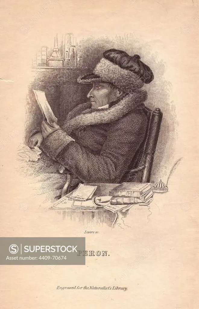 François Auguste Péron (17751810), French naturalist and explorer.. Portrait engraved on steel by W.H. Lizars, from Sir William Jardine's "The Naturalist's Library" 1833, Edinburgh.