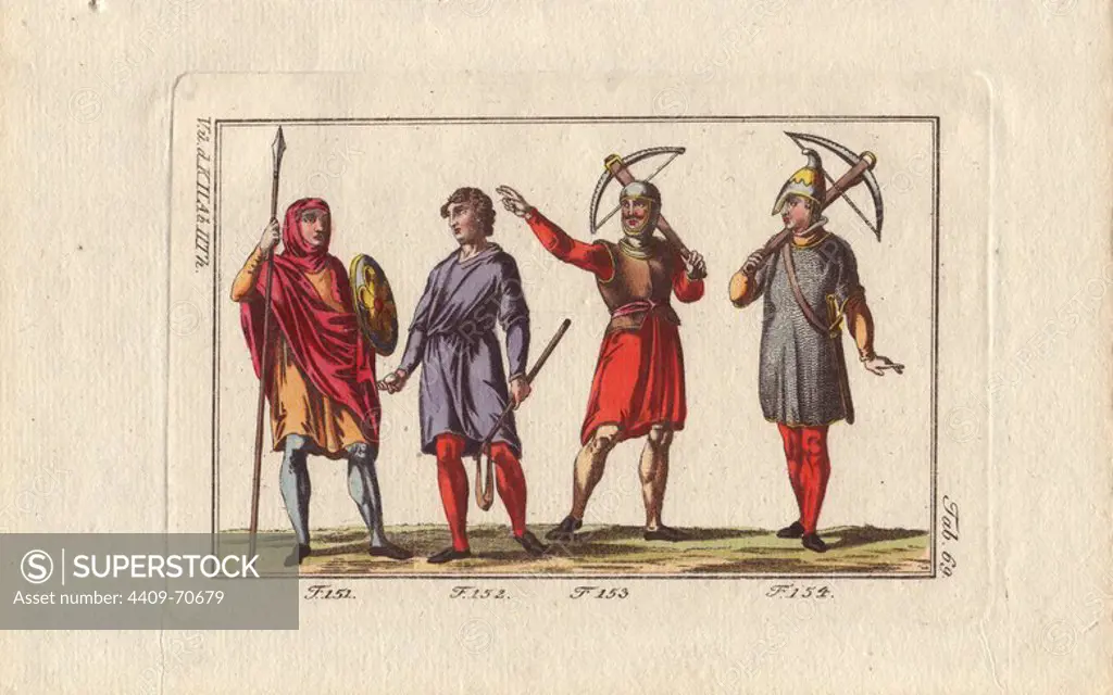 Norman fantassin (infantryman) with lance and shield, froudeur (slingshot man), and two arlabatriers (bowmen) with crossbows, one wearing a cuirass or breastplate. Handcolored copperplate engraving from Robert von Spalart's "Historical Picture of the Costumes of the Principal People of Antiquity and of the Middle Ages" (1796).