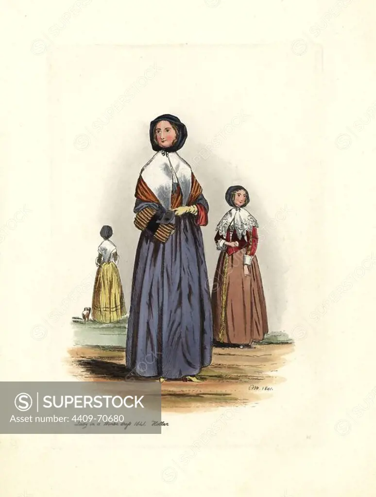 Lady in winter dress, 1641, reign of Charles I, from Hollar. She wears a long dress, a jacket covered with shawls and collars. In her hands she has a muff and a mask. Handcolored engraving from "Civil Costume of England from the Conquest to the Present Period" drawn by Charles Martin and etched by Leopold Martin, London, Henry Bohn, 1842. The costumes were drawn from tapestries, monumental effigies, illuminated manuscripts and portraits. Charles and Leopold Martin were the sons of the romantic artist and mezzotint engraver John Martin (1789-1854).