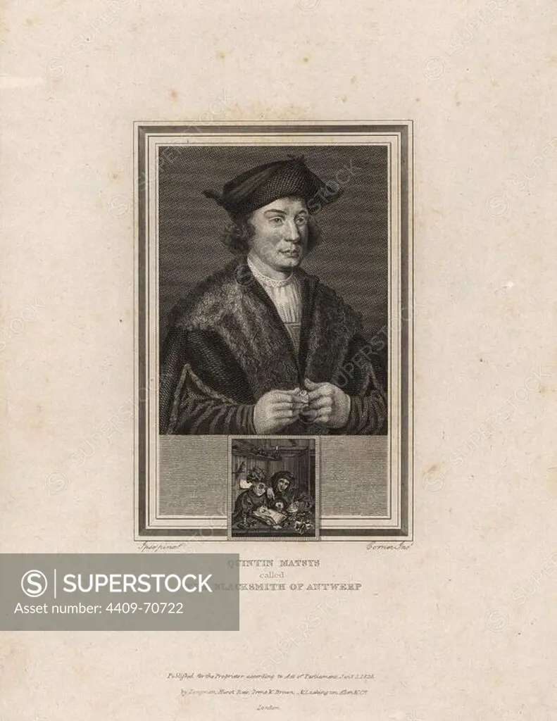 Self portrait of Quintin Matsys or the Blacksmith of Antwerp (1460-1529), Flemish history and portrait artist.. Steel engraving by John Corner from "Portraits of Celebrated Painters with Medallions from their Best Performances" 1825.