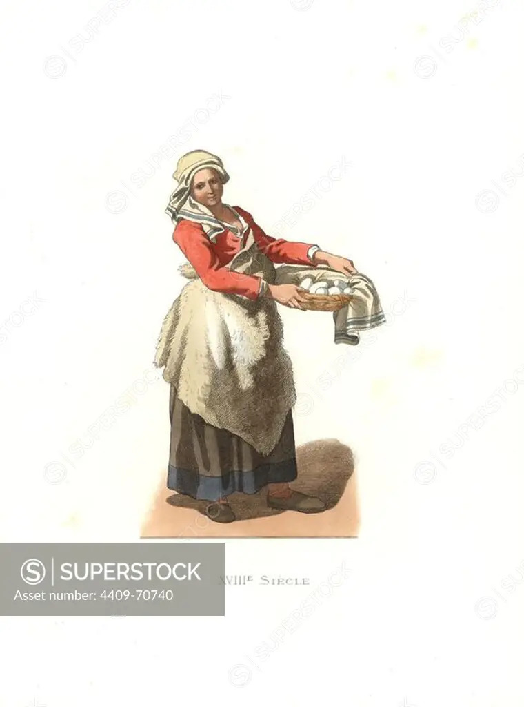 Peasant woman of Milan, 18th century, Italy, from a print by Francesco Londonio. Handcolored illustration by E. Lechevallier-Chevignard, lithographed by A. Didier, L. Flameng, F. Laguillermie, from Georges Duplessis's "Costumes historiques des XVIe, XVIIe et XVIIIe siecles" (Historical costumes of the 16th, 17th and 18th centuries), Paris 1867. The book was a continuation of the series on the costumes of the 12th to 15th centuries published by Camille Bonnard and Paul Mercuri from 1830. Georges Duplessis (1834-1899) was curator of the Prints department at the Bibliotheque nationale. Edmond Lechevallier-Chevignard (1825-1902) was an artist, book illustrator, and interior designer for many public buildings and churches. He was named professor at the National School of Decorative Arts in 1874.