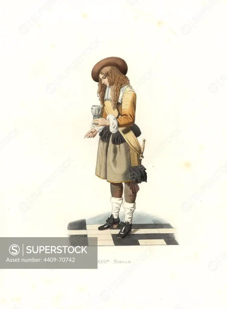 Gentleman of Holland, 17th century, from a painting by Pierre de Hooch. Handcolored illustration by E. Lechevallier-Chevignard, lithographed by A. Didier, L. Flameng, F. Laguillermie, from Georges Duplessis's "Costumes historiques des XVIe, XVIIe et XVIIIe siecles" (Historical costumes of the 16th, 17th and 18th centuries), Paris 1867. The book was a continuation of the series on the costumes of the 12th to 15th centuries published by Camille Bonnard and Paul Mercuri from 1830. Georges Duplessis (1834-1899) was curator of the Prints department at the Bibliotheque nationale. Edmond Lechevallier-Chevignard (1825-1902) was an artist, book illustrator, and interior designer for many public buildings and churches. He was named professor at the National School of Decorative Arts in 1874.