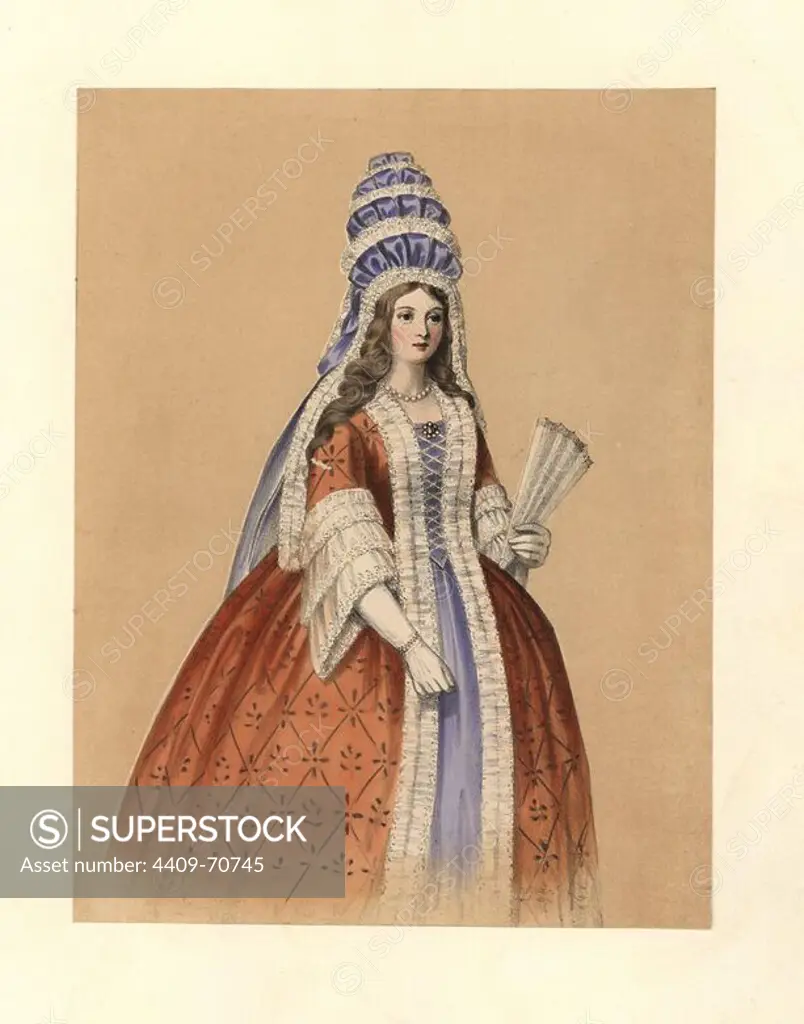 Dress of the reign of Queen Anne, 1702-1714. She wears a tall hat of ribbon and lace, a dress trimmed with lace, white gloves, and carries a lace fan. Addisons Spectator, prints and portraits, Horace Walpole. Handcoloured lithograph from "Costumes of British Ladies from the Time of William the First to the Reign of Queen Victoria, London, Dickinson & Son, 1840. 48 mounted plates of women's fashion from 1066 to 1840 based on effigies, manuscripts, portraits, prints and literary descriptions.