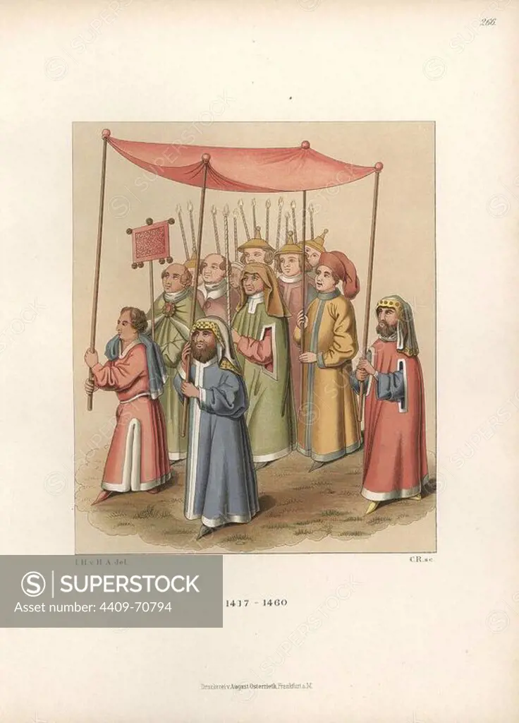 Jewish religious procession from the 15th century. From a coloured pen and ink drawing in the handwrittern chronicles of the Council of Constance by Ulrich von Richental. Chromolithograph from Hefner-Alteneck's "Costumes, Artworks and Appliances from the early Middle Ages to the end of the 18th Century," Frankfurt, 1883. IIlustration drawn by Hefner-Alteneck, lithographed by C. Regnier, and published by Heinrich Keller. Dr. Jakob Heinrich von Hefner-Alteneck (1811-1903) was a German archeologist, art historian and illustrator. He was director of the Bavarian National Museum from 1868 until 1886.