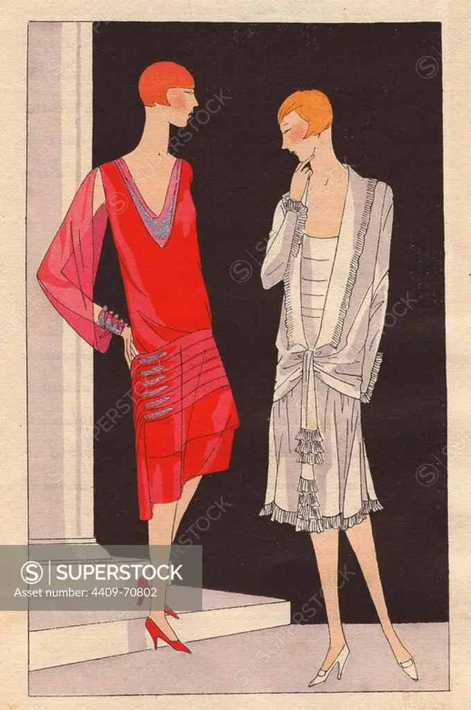 1920s women's fashions: Woman in afternoon dress in Moroccan red  embroidered with silver, and woman in ivory crepe dress trimmed with lace..  Handcolored pochoir (stencil) lithographs from the French luxury fashion  magazine