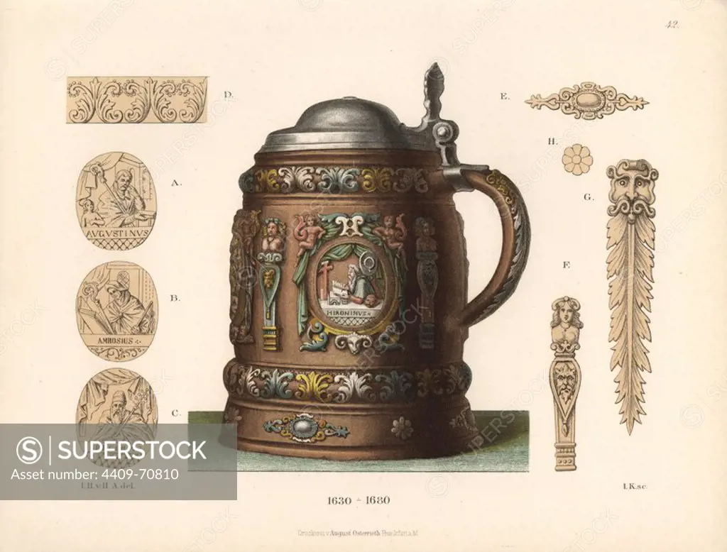 Tankard from the mid-17th century with Christian religious iconography. Details of decoration. Chromolithograph from Hefner-Alteneck's "Costumes, Artworks and Appliances from the Middle Ages to the 17th Century," Frankfurt, 1889. Illustration by Dr. Jakob Heinrich von Hefner-Alteneck, lithograph by Joh. Klipphahn and published by Heinrich Keller. Dr. Hefner-Alteneck (1811 - 1903) was a German curator, archaeologist, art historian, illustrator and etcher.