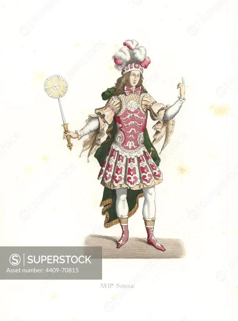 Louis XIV, the Sun King, in ballet costume, 17th century. Handcolored illustration by E. Lechevallier-Chevignard, lithographed by A. Didier, L. Flameng, F. Laguillermie, from Georges Duplessis's "Costumes historiques des XVIe, XVIIe et XVIIIe siecles" (Historical costumes of the 16th, 17th and 18th centuries), Paris 1867. The book was a continuation of the series on the costumes of the 12th to 15th centuries published by Camille Bonnard and Paul Mercuri from 1830. Georges Duplessis (1834-1899) was curator of the Prints department at the Bibliotheque nationale. Edmond Lechevallier-Chevignard (1825-1902) was an artist, book illustrator, and interior designer for many public buildings and churches. He was named professor at the National School of Decorative Arts in 1874.