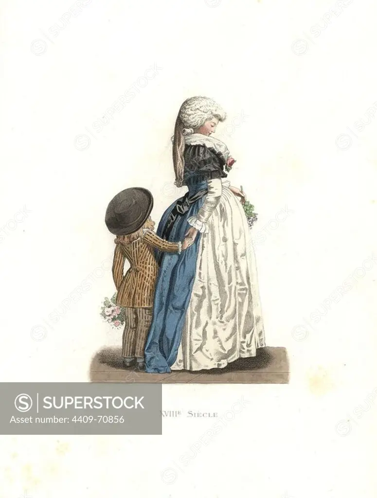 Young woman and small boy, France, 18th century, from a print by Debucourt. Handcolored illustration by E. Lechevallier-Chevignard, lithographed by A. Didier, L. Flameng, F. Laguillermie, from Georges Duplessis's "Costumes historiques des XVIe, XVIIe et XVIIIe siecles" (Historical costumes of the 16th, 17th and 18th centuries), Paris 1867. The book was a continuation of the series on the costumes of the 12th to 15th centuries published by Camille Bonnard and Paul Mercuri from 1830. Georges Duplessis (1834-1899) was curator of the Prints department at the Bibliotheque nationale. Edmond Lechevallier-Chevignard (1825-1902) was an artist, book illustrator, and interior designer for many public buildings and churches. He was named professor at the National School of Decorative Arts in 1874.