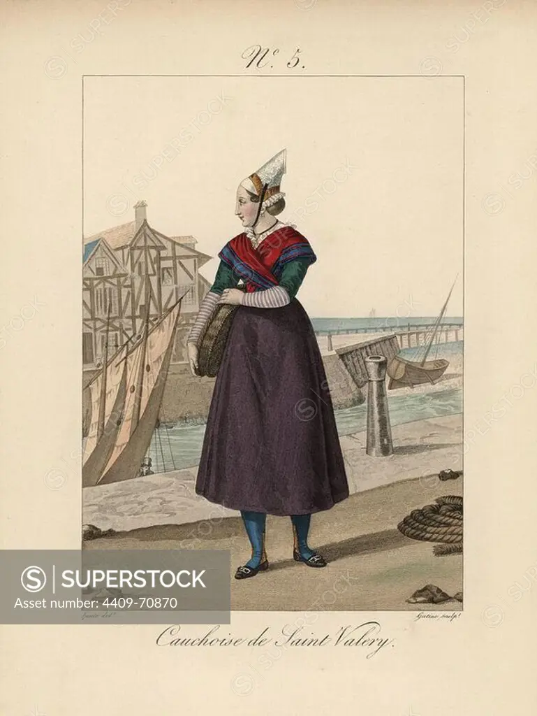 Woman of the port of St. Valery, wearing a card bonnet covered in silk and decorated with lace, carrying a basket. Hand-colored fashion plate illustration by Lante engraved by Gatine from Louis-Marie Lante's "Costumes des femmes du Pays de Caux," 1827/1885. With their tall Alsation lace hats, the women of Caux and Normandy were famous for the elegance and style.