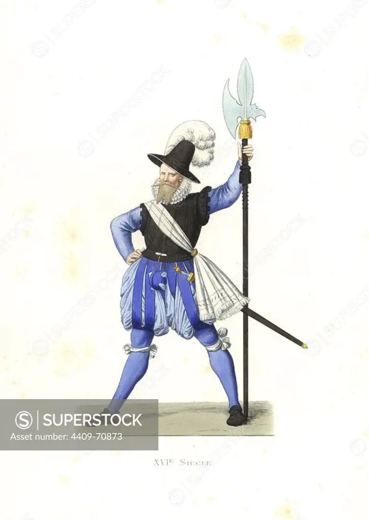 Heinrich Schmid, Swiss halberdier, 16th century. Handcolored illustration by E. Lechevallier-Chevignard, lithographed by A. Didier, L. Flameng, F. Laguillermie, from Georges Duplessis's "Costumes historiques des XVIe, XVIIe et XVIIIe siecles" (Historical costumes of the 16th, 17th and 18th centuries), Paris 1867. The book was a continuation of the series on the costumes of the 12th to 15th centuries published by Camille Bonnard and Paul Mercuri from 1830. Georges Duplessis (1834-1899) was curator of the Prints department at the Bibliotheque nationale. Edmond Lechevallier-Chevignard (1825-1902) was an artist, book illustrator, and interior designer for many public buildings and churches. He was named professor at the National School of Decorative Arts in 1874.