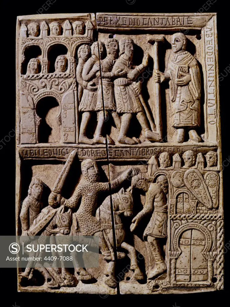 Ivory box from San Millan de la Cogolla. Capture of the Cantabria by Leovigildo. 11th century. Romanesque art. Madrid, National Museum of Archeology. Location: MUSEO ARQUEOLOGICO NACIONAL-COLECCION. MADRID. SPAIN.