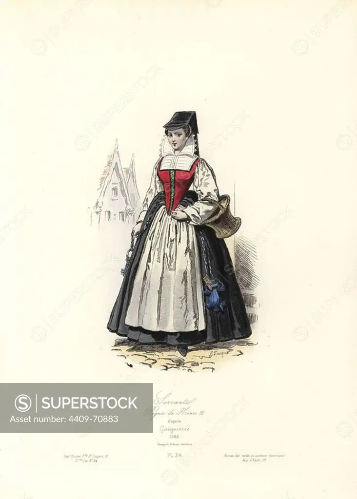 Servant woman, reign of Henri III, 1586. Handcoloured steel engraving by Hippolyte Pauquet after Gaignieres from the Pauquet Brothers' "Modes et Costumes Historiques" (Historical Fashions and Costumes), Paris, 1865. Hippolyte (b. 1797) and Polydor Pauquet (b. 1799) ran a successful publishing house in Paris in the 19th century, specializing in illustrated books on costume, birds, butterflies, anatomy and natural history.