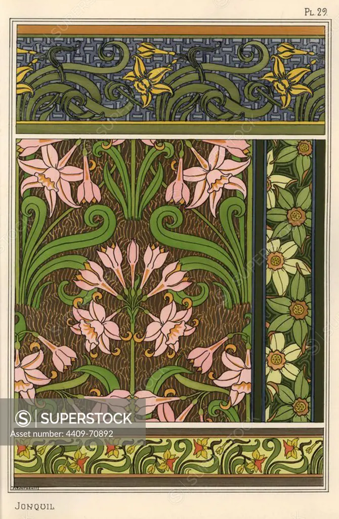 Jonquil, Narcissus jonquilla, as design motif in wallpaper and fabric patterns. Lithograph by Verneuil with pochoir (stencil) handcoloring from Eugene Grasset's Plants and their Application to Ornament, Paris, 1897. Grasset (1841-1917) was a Swiss artist whose innovative designs inspired the art nouveau movement at the end of the 19th century.