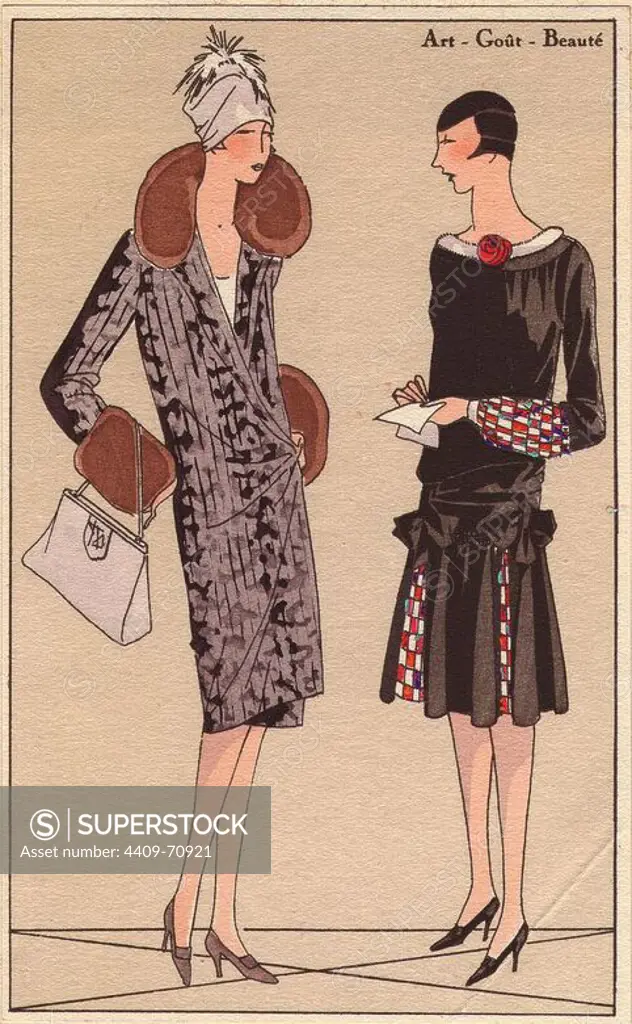 1920s women's fashions: Woman in afternoon coat trimmed with fur, and woman in afternoon dress in black velvet with multicolored panels.. Handcolored pochoir (stencil) lithographs from the French luxury fashion magazine "Art, Gout, Beaute" 1926.