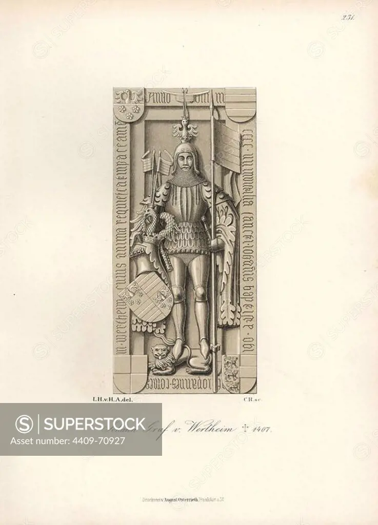 Knight in battle armor from the 14th century. Gravestone of Johann Graf von Wertheim, died 1407. Chromolithograph from Hefner-Alteneck's "Costumes, Artworks and Appliances from the early Middle Ages to the end of the 18th Century," Frankfurt, 1883. IIlustration drawn by Hefner-Alteneck, lithographed by CR, and published by Heinrich Keller. Dr. Jakob Heinrich von Hefner-Alteneck (1811-1903) was a German archeologist, art historian and illustrator. He was director of the Bavarian National Museum from 1868 until 1886.