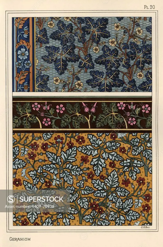 Geranium motifs in patterns for wallpaper and fabric. Lithograph by J. Milesi with pochoir (stencil) handcoloring from Eugene Grasset's Plants and their Application to Ornament, Paris, 1897. Grasset (1841-1917) was a Swiss artist whose innovative designs inspired the art nouveau movement at the end of the 19th century.