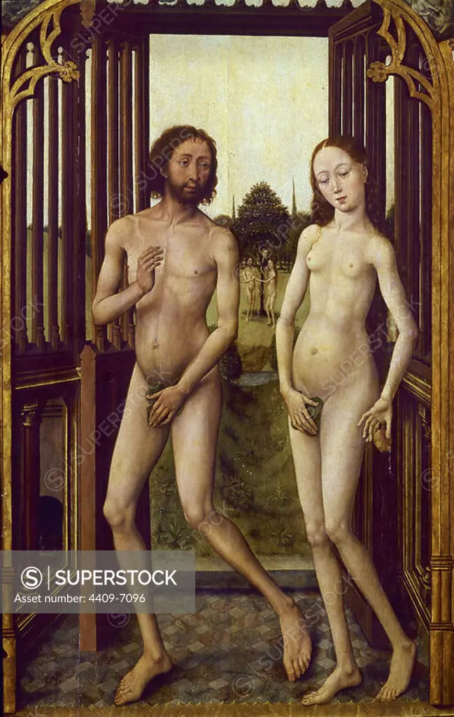 'Redemption Triptych: Adam and Eve Expulsed from Paradise' (detail), 1455-1460, Oil on panel, 195 cm x 77 cm, P01889. Author: VRANCKE VAN DER STOCKT (1420-1495). Location: MUSEO DEL PRADO-PINTURA. MADRID. SPAIN.