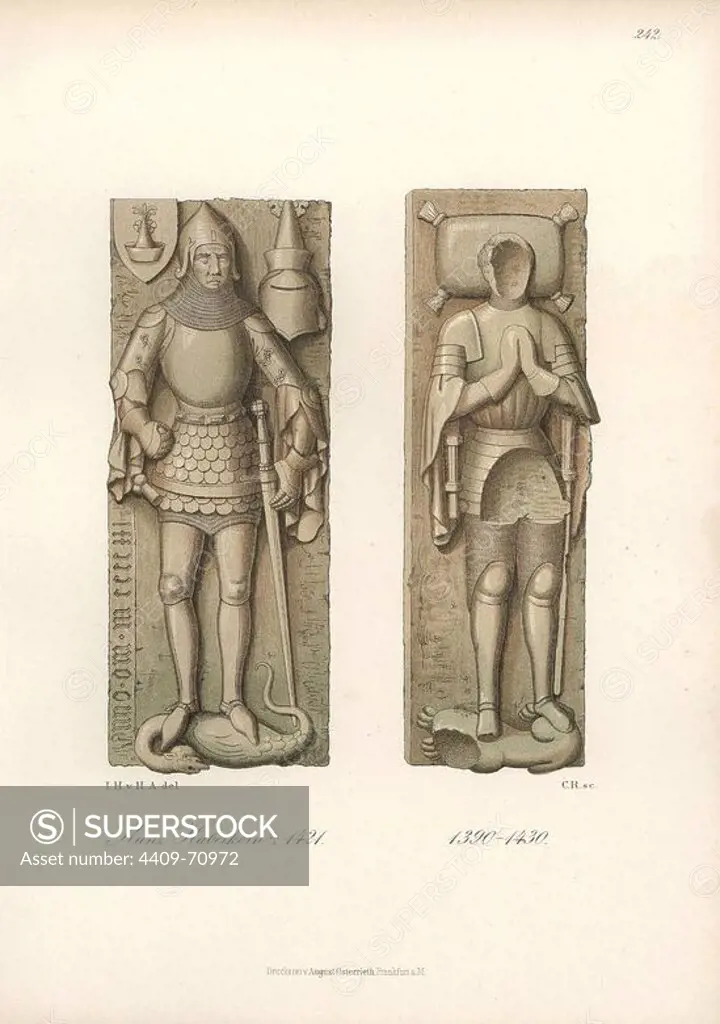 Knight in armour from the 15th century with heraldic shield and helmet. Gravestone of Kunz Haberkorn, died 1421. Chromolithograph from Hefner-Alteneck's "Costumes, Artworks and Appliances from the early Middle Ages to the end of the 18th Century," Frankfurt, 1883. IIlustration drawn by Hefner-Alteneck, lithographed by CR, and published by Heinrich Keller. Dr. Jakob Heinrich von Hefner-Alteneck (1811-1903) was a German archeologist, art historian and illustrator. He was director of the Bavarian National Museum from 1868 until 1886.