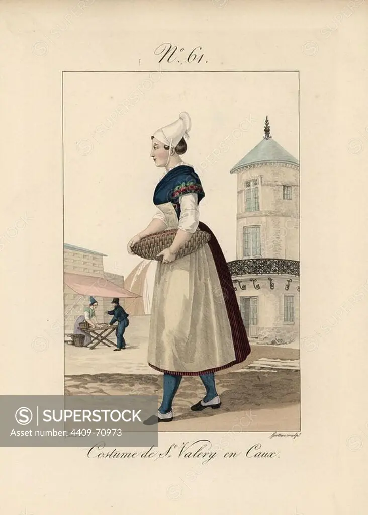 Costume of a shrimp merchant at St. Valery en Caux. The old tower in the background is now an inn. Hand-colored fashion plate illustration by Lante engraved by Gatine from Louis-Marie Lante's "Costumes des femmes du Pays de Caux," 1827/1885. With their tall Alsation lace hats, the women of Caux and Normandy were famous for the elegance and style.