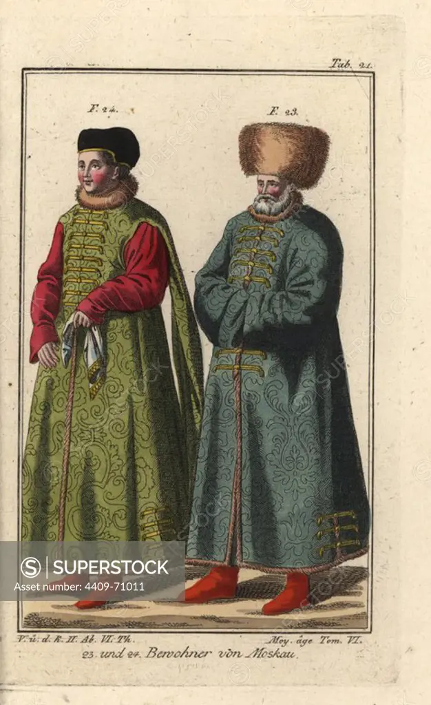 Inhabitants of Moscow, Russia. Handcolored copperplate engraving from Robert von Spalart's "Historical Picture of the Costumes of the Peoples of Antiquity, the Middle Ages and the New Era," written by Leopold Ziegelhauser, Vienna, 1837.