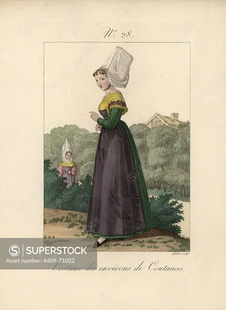 A young woman from the Coutances area who could not help but sacrifice most of her hair. Hair merchants from Paris visit the local fairs in Normandy, Brittany and Auvergne to buy hair to use in wigs. Hand-colored fashion plate illustration by Lante engraved by Gatine from Louis-Marie Lante's "Costumes des femmes du Pays de Caux," 1827/1885. With their tall Alsation lace hats, the women of Caux and Normandy were famous for the elegance and style.