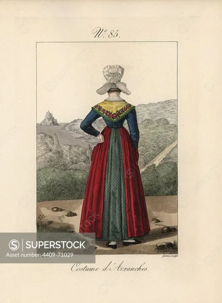 Costume of Avranches. Rear view of the bonnet in Plate 84, showing the small hairpiece chignon. Mont Saint Michel can be seen in the background. Hand-colored fashion plate illustration by Lante engraved by Gatine from Louis-Marie Lante's "Costumes des femmes du Pays de Caux," 1827/1885. With their tall Alsation lace hats, the women of Caux and Normandy were famous for the elegance and style.