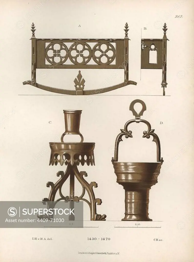 Bassinet in gilded copper from the mid 15th century. Candlestick C and aspersorium, receptacle for holy water D. Chromolithograph from Hefner-Alteneck's "Costumes, Artworks and Appliances from the early Middle Ages to the end of the 18th Century," Frankfurt, 1883. IIlustration drawn by Hefner-Alteneck, lithographed by C. Regnier, and published by Heinrich Keller. Dr. Jakob Heinrich von Hefner-Alteneck (1811-1903) was a German archeologist, art historian and illustrator. He was director of the Bavarian National Museum from 1868 until 1886.