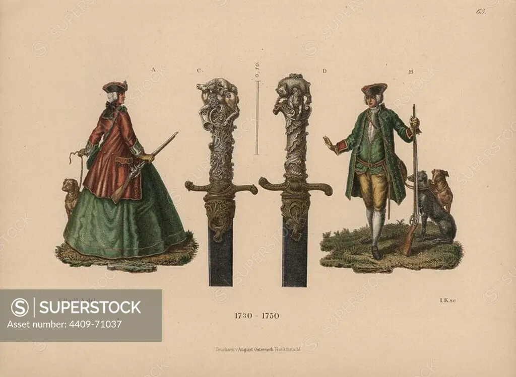 Hunting costumes and hunting swords from the mid-18th century. Chromolithograph from Hefner-Alteneck's "Costumes, Artworks and Appliances from the Middle Ages to the 18th Century," Frankfurt, 1889. Illustration by Dr. Jakob Heinrich von Hefner-Alteneck, lithographed by Joh. Klipphahn, and published by Heinrich Keller. Dr. Hefner-Alteneck (1811 - 1903) was a German museum curator, archaeologist, art historian, illustrator and etcher.