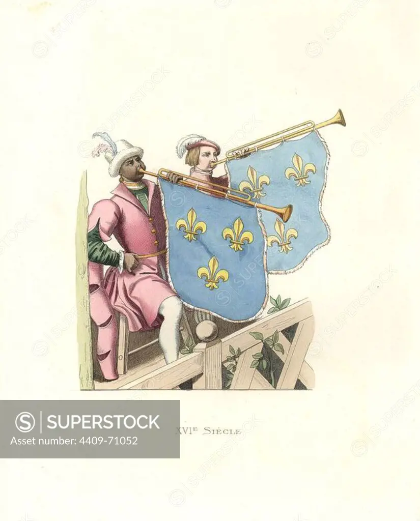 Trumpeters at a tournament, reign of Francis I of France. Long-sleeved pink tunics over green doublets, white stockings, horns bearing blue standards decorated with gold fleur-de-lys. One of the musicians an African.. Handcolored illustration by E. Lechevallier-Chevignard, lithographed by A. Didier, L. Flameng, F. Laguillermie, from Georges Duplessis's "Costumes historiques des XVIe, XVIIe et XVIIIe siecles" (Historical costumes of the 16th, 17th and 18th centuries), Paris 1867. The book was a continuation of the series on the costumes of the 12th to 15th centuries published by Camille Bonnard and Paul Mercuri from 1830. Georges Duplessis (1834-1899) was curator of the Prints department at the Bibliotheque nationale. Edmond Lechevallier-Chevignard (1825-1902) was an artist, book illustrator, and interior designer for many public buildings and churches. He was named professor at the National School of Decorative Arts in 1874.