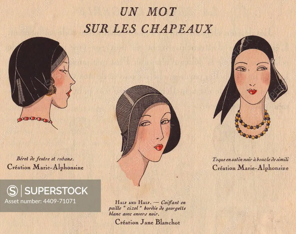 Fashionable hats from 1930: black beret with ribbons, straw hat in "cizol" polyester bordered in white georgette with black lining, and black satin toque cap with buckle.. Handcolored pochoir (stencil) lithograph from the French luxury fashion magazine "Art, Gout, Beaute" 1930.