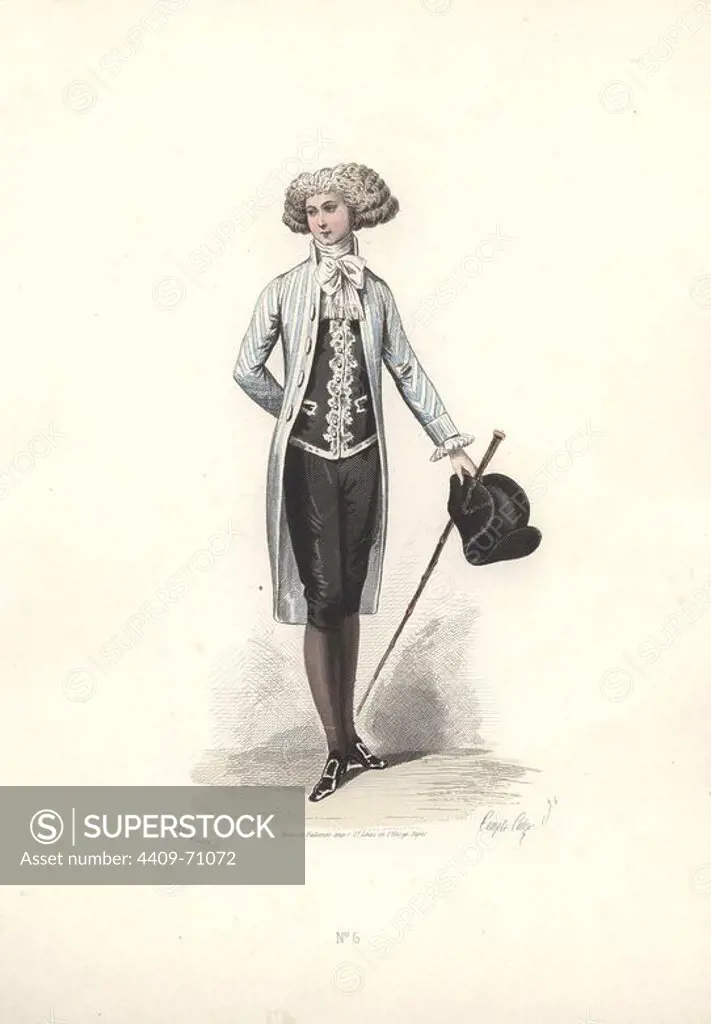 Elegant man in full wig, grey striped coat over black waistcoat and breeches, carrying a cane and hat.. Francois-Claudins Compte-Calix (1813-1880) was a French painter and illustrator. A regular exhibitor at the Salons, he illustrated numerous books and several romantic books of poetry, and for many years contributed to the fashion magazine "Modes Parisiennes".. Handcolored lithograph of an illustration by Francois-Claudins Compte-Calix from "Les Modes Parisiennes sous le Directoire" (Paris Fashions under the Directory 1795-1799) 1865.