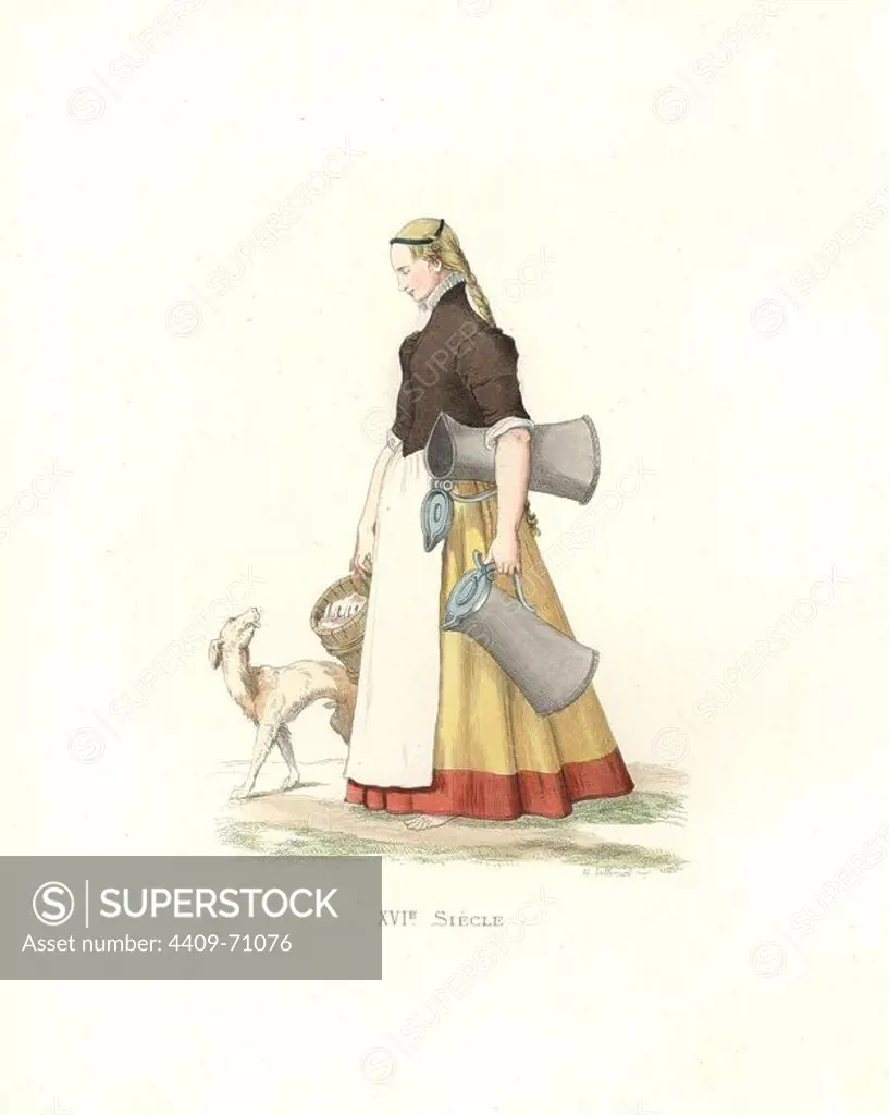 German servant girl, 16th century, carrying jugs of beer and a barrel of pork to market.. Handcolored illustration by E. Lechevallier-Chevignard, lithographed by A.J. Lallemand, from Georges Duplessis's "Costumes historiques des XVIe, XVIIe et XVIIIe siecles" (Historical costumes of the 16th, 17th and 18th centuries), Paris 1867. The book was a continuation of the series on the costumes of the 12th to 15th centuries published by Camille Bonnard and Paul Mercuri from 1830. Georges Duplessis (1834-1899) was curator of the Prints department at the Bibliotheque nationale. Edmond Lechevallier-Chevignard (1825-1902) was an artist, book illustrator, and interior designer for many public buildings and churches. He was named professor at the National School of Decorative Arts in 1874.