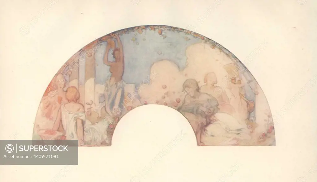 British art nouveau fan design by Frank Brangwyn (1867-1956), Anglo-Welsh artist, painter, water colourist, engraver and illustrator.. Color plate from Charles Holme's "Modern Design in Jewellery and Fans," published by the Studio 1902.