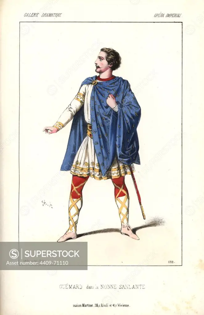 Gueymard in "La Nonne Sanglante" (The Bloody Nun) at the Opera Imperial. Louis Gueymard (1822-1880) was a French operatic tenor, who performed at the Paris Opera for 20 years from 1848, and also performed in London and New Orleans. Handcoloured lithograph by Alexandre Lacauchie from "Galerie Dramatique: Costumes des Theatres de Paris" 1853.