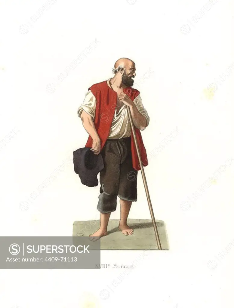 Peasant of Lombardi, Italy, 18th century, from a painting by Francois Londonio. Handcolored illustration by E. Lechevallier-Chevignard, lithographed by A. Didier, L. Flameng, F. Laguillermie, from Georges Duplessis's "Costumes historiques des XVIe, XVIIe et XVIIIe siecles" (Historical costumes of the 16th, 17th and 18th centuries), Paris 1867. The book was a continuation of the series on the costumes of the 12th to 15th centuries published by Camille Bonnard and Paul Mercuri from 1830. Georges Duplessis (1834-1899) was curator of the Prints department at the Bibliotheque nationale. Edmond Lechevallier-Chevignard (1825-1902) was an artist, book illustrator, and interior designer for many public buildings and churches. He was named professor at the National School of Decorative Arts in 1874.