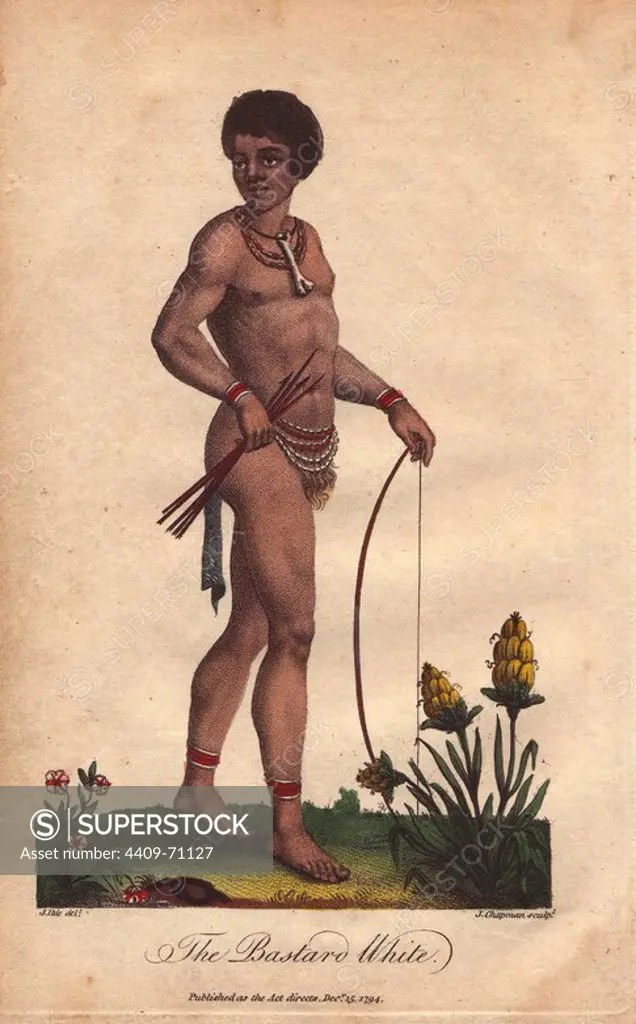 "The Bastard White." A mixed-race African man wearing a necklace and bone, carrying a bow and arrow.. Hand-colored copperplate engraving from a drawing by Johann Ihle from Ebenezer Sibly's "Universal System of Natural History" 1794. The prolific Sibly published his Universal System of Natural History in 1794~1796 in five volumes covering the three natural worlds of fauna, flora and geology. The series included illustrations of mythical beasts such as the sukotyro and the mermaid, and depicted sloths sitting on the ground (instead of hanging from trees) and a domesticated female orang utan wearing a bandana. The engravings were by J. Pass, J. Chapman and Barlow copied from original drawings by famous natural history artists George Edwards, Albertus Seba, Maria Sybilla Merian, and Johann Ihle.