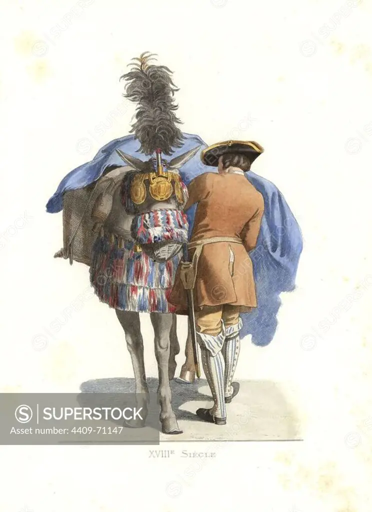 An equestrian servant, France, 18th century, from a painting by Carle Van Loo. Handcolored illustration by E. Lechevallier-Chevignard, lithographed by A. Didier, L. Flameng, F. Laguillermie, from Georges Duplessis's "Costumes historiques des XVIe, XVIIe et XVIIIe siecles" (Historical costumes of the 16th, 17th and 18th centuries), Paris 1867. The book was a continuation of the series on the costumes of the 12th to 15th centuries published by Camille Bonnard and Paul Mercuri from 1830. Georges Duplessis (1834-1899) was curator of the Prints department at the Bibliotheque nationale. Edmond Lechevallier-Chevignard (1825-1902) was an artist, book illustrator, and interior designer for many public buildings and churches. He was named professor at the National School of Decorative Arts in 1874.