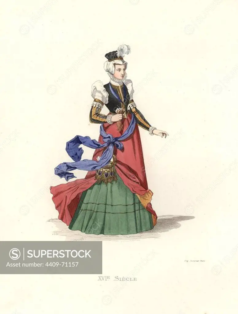 Swiss lady, 16th century, from a painting on vellum in the collection of Hippolyte Destailleur. Black bodice bordered with gold, red silk dress, green silk underdress, and a large blue and gold almoner (aumoniere) hanging from a blue ribbon.. Handcolored illustration by E. Lechevallier-Chevignard, lithographed by A. Didier, L. Flameng, F. Laguillermie, from Georges Duplessis's "Costumes historiques des XVIe, XVIIe et XVIIIe siecles" (Historical costumes of the 16th, 17th and 18th centuries), Paris 1867. The book was a continuation of the series on the costumes of the 12th to 15th centuries published by Camille Bonnard and Paul Mercuri from 1830. Georges Duplessis (1834-1899) was curator of the Prints department at the Bibliotheque nationale. Edmond Lechevallier-Chevignard (1825-1902) was an artist, book illustrator, and interior designer for many public buildings and churches. He was named professor at the National School of Decorative Arts in 1874.