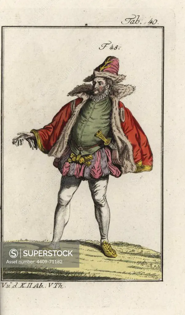 Nobleman of Meissen, 1577. Handcolored copperplate engraving from Robert von Spalart's "Historical Picture of the Costumes of the Principal People of Antiquity and of the Middle Ages," Vienna, 1811. Illustration based on Thomas Jefferys Collection of Dresses of Different Nations, Antient and Modern. After the Designs of Holbein, Van Dyke, Hollar, and others, London, 1757.