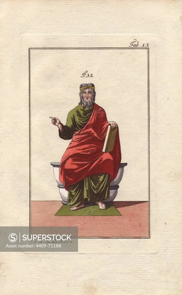 "A Saxon king in ceremonial robes. The great mantle is only worn by royalty or aristocracy, and indeed seems to have been reserved for divine or celestial beings. His hair and beard appear to have been dyed blue, as were seen in paintings from the 8th century and after. The Saxons introduced the royal diadem, a circle of gold worn like a crown." . Handcolored copperplate engraving from Robert von Spalart's "Historical Picture of the Costumes of the Principal People of Antiquity and of the Middle Ages" (1796).
