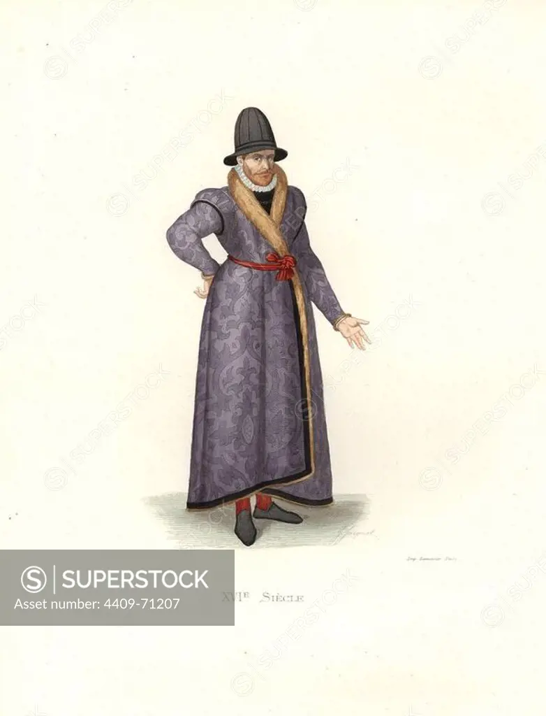 English noble, 16th century, from a woodcut by Cesare Vecellio. Purple-grey damask coat, lined with fur, scarlet belt, white ruff and black hat.. Handcolored illustration by E. Lechevallier-Chevignard, lithographed by A. Didier, L. Flameng, F. Laguillermie, from Georges Duplessis's "Costumes historiques des XVIe, XVIIe et XVIIIe siecles" (Historical costumes of the 16th, 17th and 18th centuries), Paris 1867. The book was a continuation of the series on the costumes of the 12th to 15th centuries published by Camille Bonnard and Paul Mercuri from 1830. Georges Duplessis (1834-1899) was curator of the Prints department at the Bibliotheque nationale. Edmond Lechevallier-Chevignard (1825-1902) was an artist, book illustrator, and interior designer for many public buildings and churches. He was named professor at the National School of Decorative Arts in 1874.