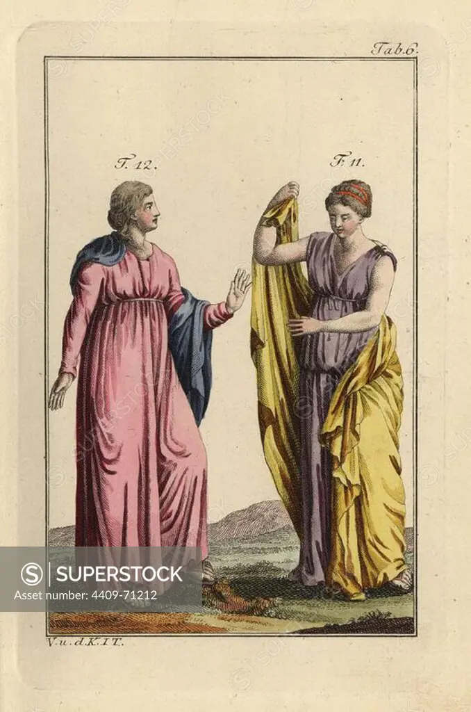 Two daughters of the goddess Niobe in Greek undergarments (stolla) and cloaks (pallium). Handcolored copperplate engraving from Robert von Spalart's "Historical Picture of the Costumes of the Principal People of Antiquity and of the Middle Ages" (1796).