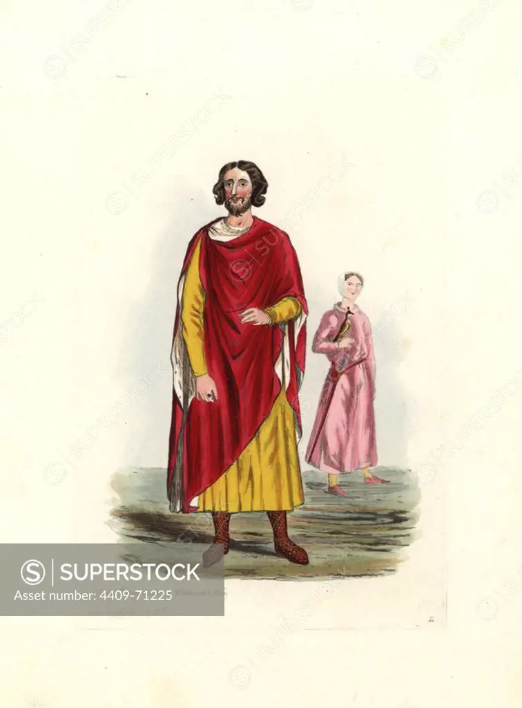 King Henry III from his tomb in Westminster Abbey and Royal Manuscript 19.C.J. In the background is a falconer with hooded falcon from Royal MS 19.C.I. Handcolored engraving from "Civil Costume of England from the Conquest to the Present Period" drawn by Charles Martin and etched by Leopold Martin, London, Henry Bohn, 1842. The costumes were drawn from tapestries, monumental effigies, illuminated manuscripts and portraits. Charles and Leopold Martin were the sons of the romantic artist and mezzotint engraver John Martin (1789-1854).