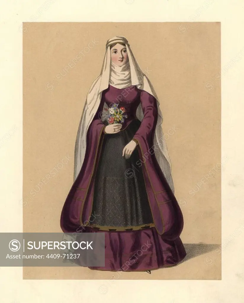 Dress of the reign of King Stephen, 1135~1141. Long veil and full wimple, full dress with long sleeves and apron, holding a garland of flowers. Cotton manuscript, 12th century psalter and Strutts Habits." Handcoloured lithograph from "Costumes of British Ladies from the Time of William the First to the Reign of Queen Victoria, London, Dickinson & Son, 1840. 48 mounted plates of women's fashion from 1066 to 1840 based on effigies, manuscripts, portraits, prints and literary descriptions.