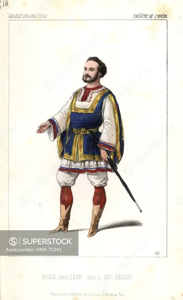 Gustave Roger in the role of Leon in "le Juif Errant" at the Theatre de l'Opera. Roger (1815-1879) was a French tenor.. Handcoloured lithograph by Alexandre Lacauchie from "Galerie Dramatique: Costumes des Theatres de Paris" ca. 1860.
