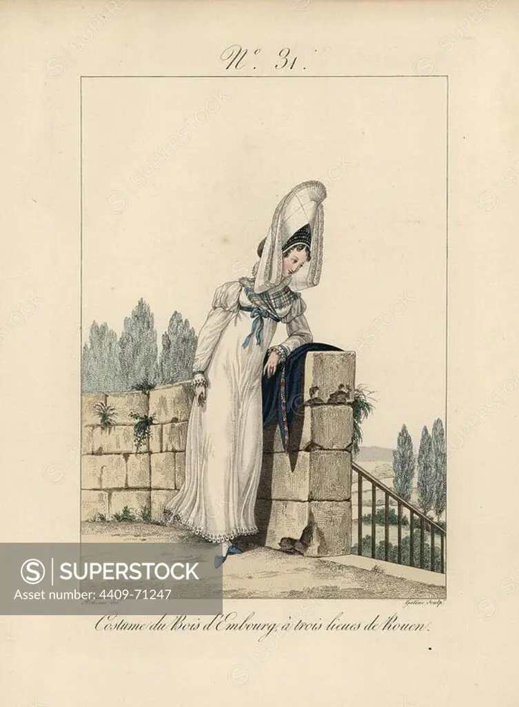 Costume of Bois d'Embourg, three leagues from Rouen. Tall bonnet with lace tails hanging forward over the face. Blue shawl trimmed with embroidered roses. Hand-colored fashion plate illustration by Benoit Pecheux engraved by Gatine from Louis-Marie Lante's "Costumes des femmes du Pays de Caux," 1827/1885. With their tall Alsation lace hats, the women of Caux and Normandy were famous for the elegance and style.